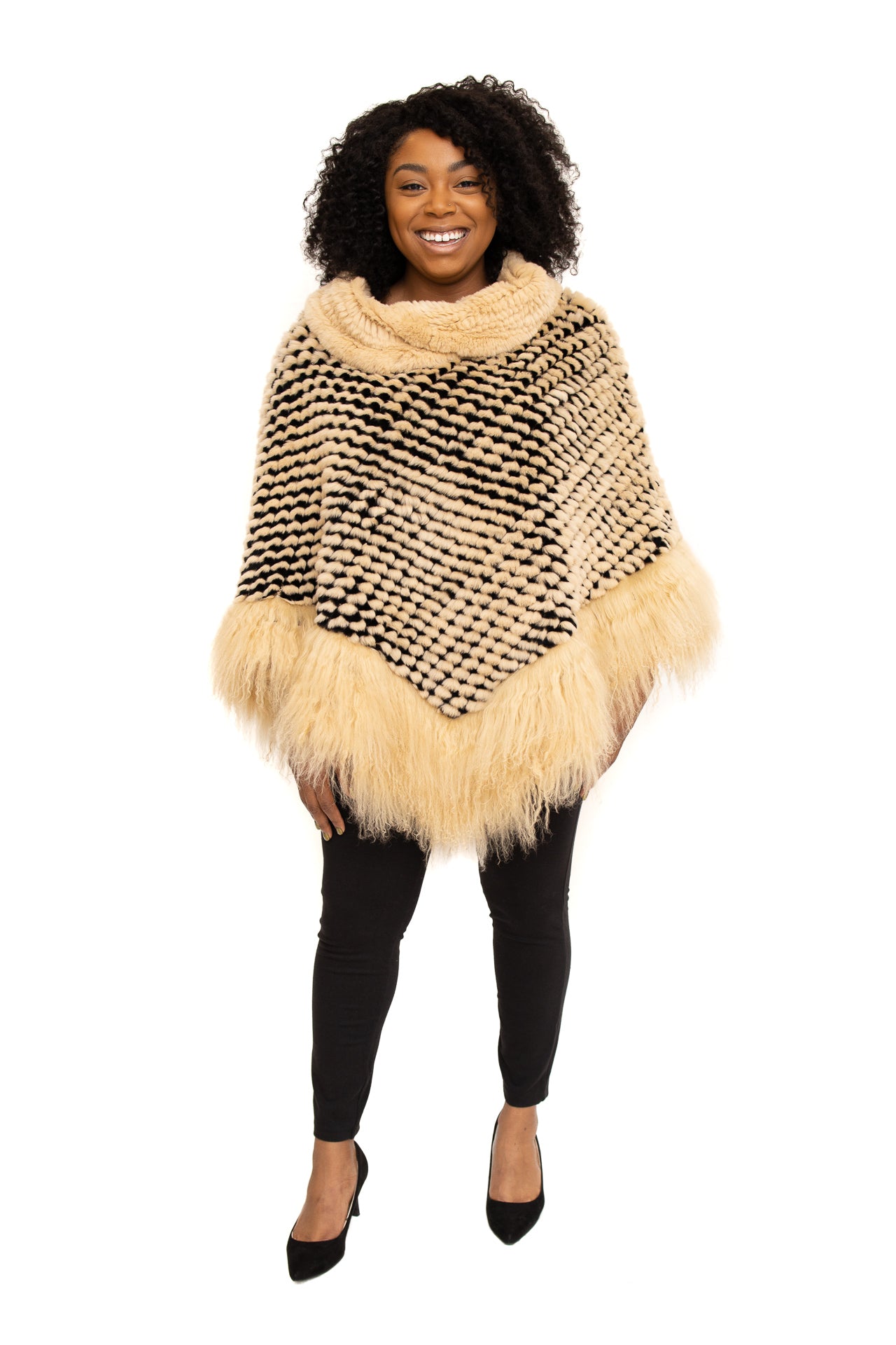 Beige Rex Cape with Tibet Lamb Trim Available in Different Colors at Akron Summit Mall and Cleveland ETON Chagrin Boulevard