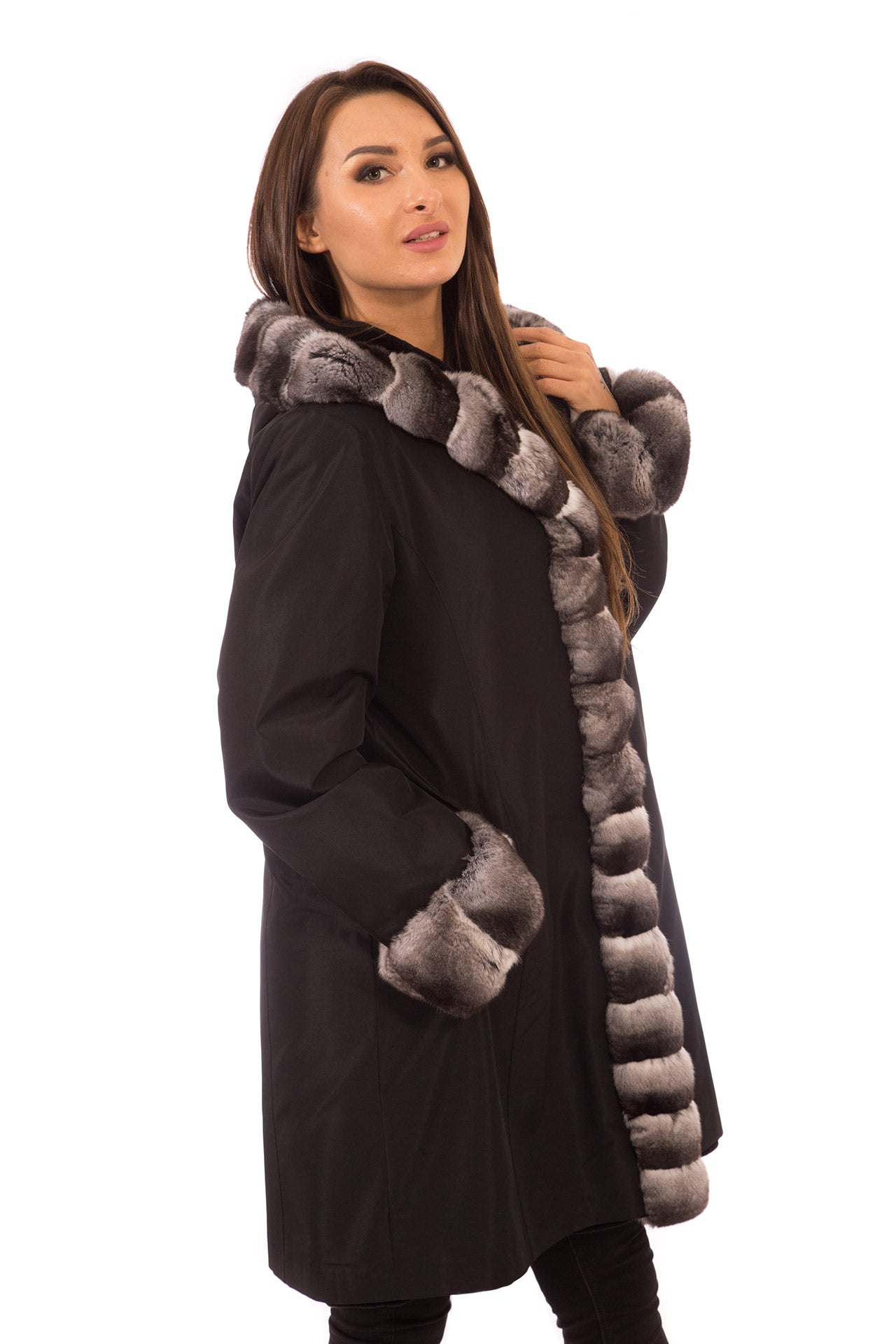 Sheared Mink Fur Coat Black, Reversible with Hood & Chinchilla Trim