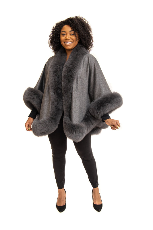 Grey 100% Cashmere Cape with Fox Trim Available in Cleveland at ETON Chagrin Boulevard and in Akron at Summit Mall