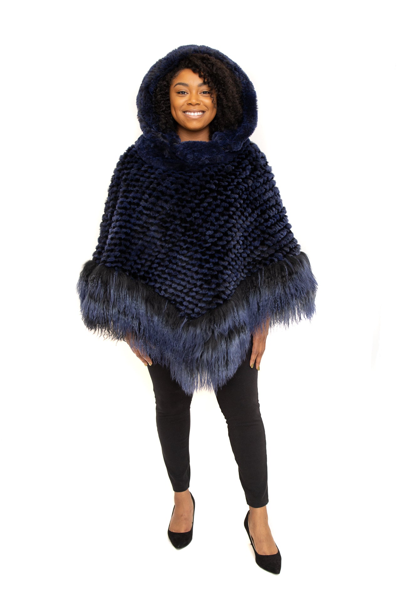 Blue Rex Cape, with Tibet Lamb Trim and Detachable Hood Available in Different Colors at Akron Summit Mall and Cleveland ETON Chagrin Boulevard