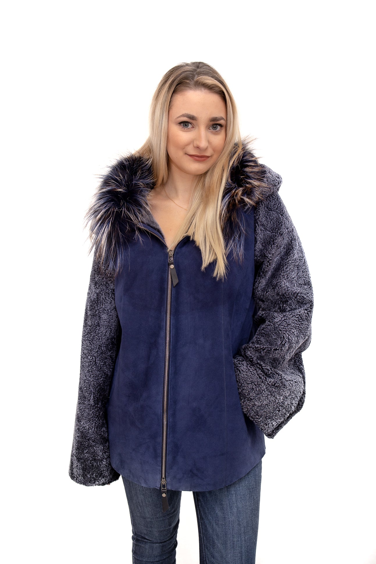 Blue Shearling Jacket with Hood Available in Cleveland at ETON Chagrin Boulevard and in Akron at Summit Mall