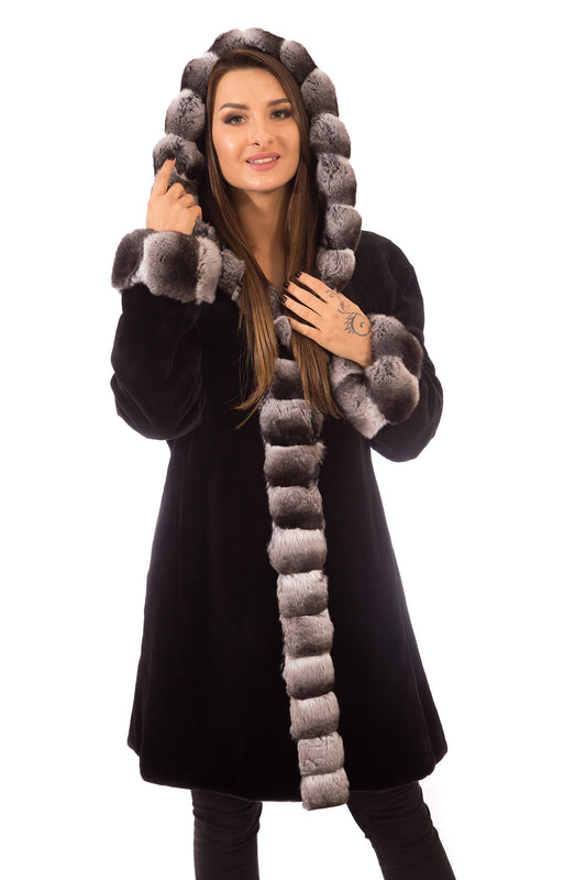 Sheared Mink Fur Coat Black, Reversible with Hood & Chinchilla Trim