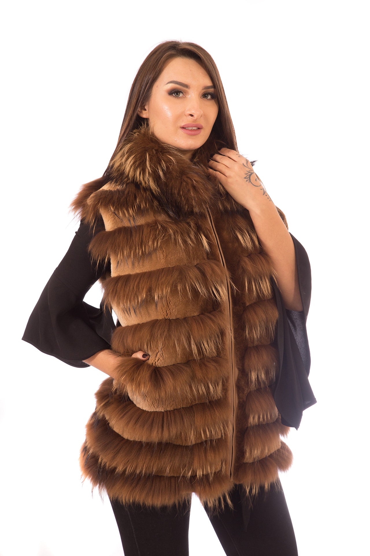 Sheared Beaver Fur Vest with Finish Raccoon Inserts