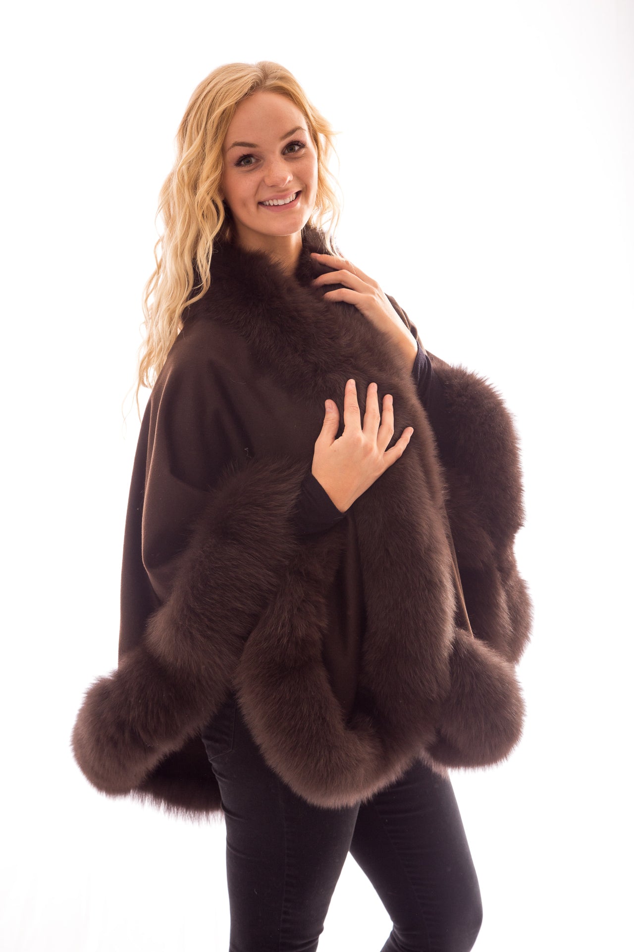 Cashmere cape with mink on sale trim