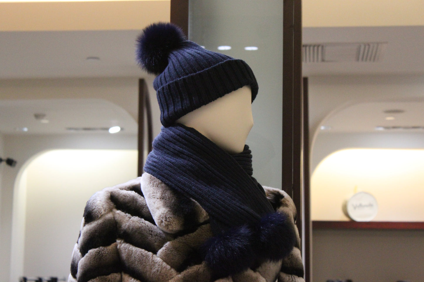 Knitted Hat and Scarf with Fox Fur Pom Pom