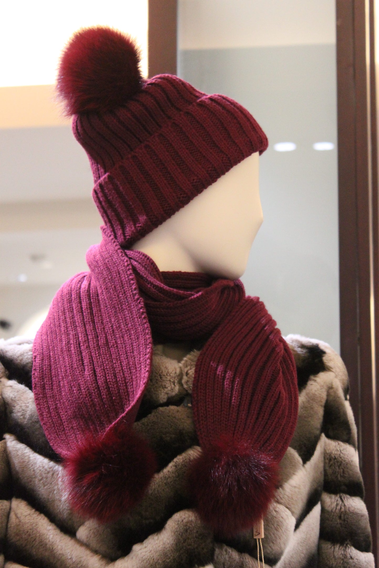 Knitted Hat and Scarf with Fox Fur Pom Pom